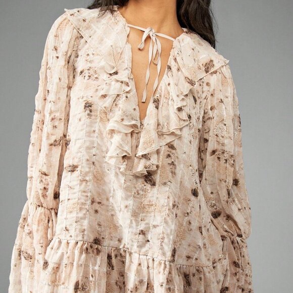 Casual Women's Flowy Ruffle V-Neck Long Sleeve Textured Chiffon Mini Dress - Picture 6 of 6